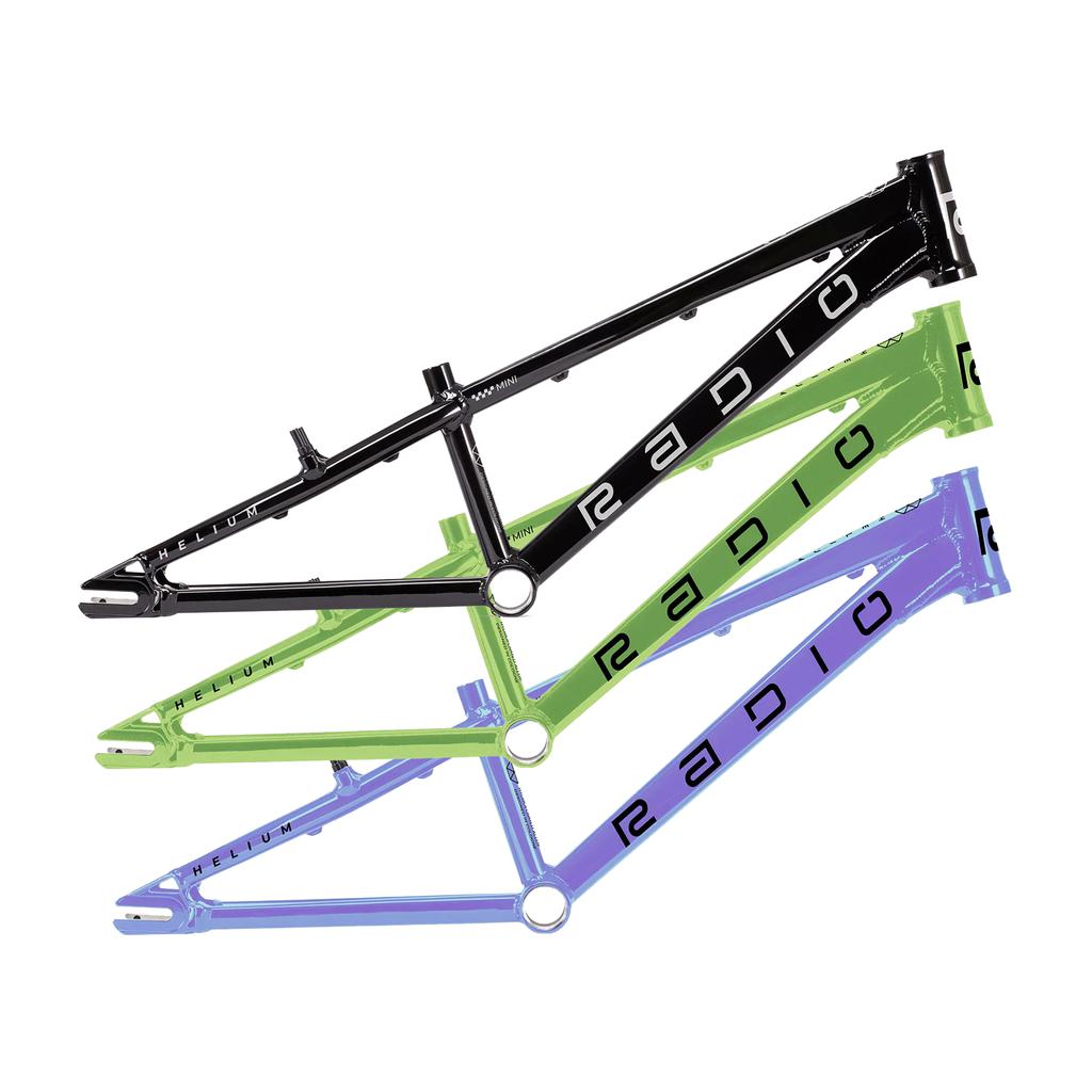 Three Radio Raceline Helium 2025 Mini Frames in black, green, and purple are stacked diagonally, each displaying "Radio" and "Helium." Made from hydroformed 6061 alloy tubing, these frames deliver a lightweight race-ready experience.