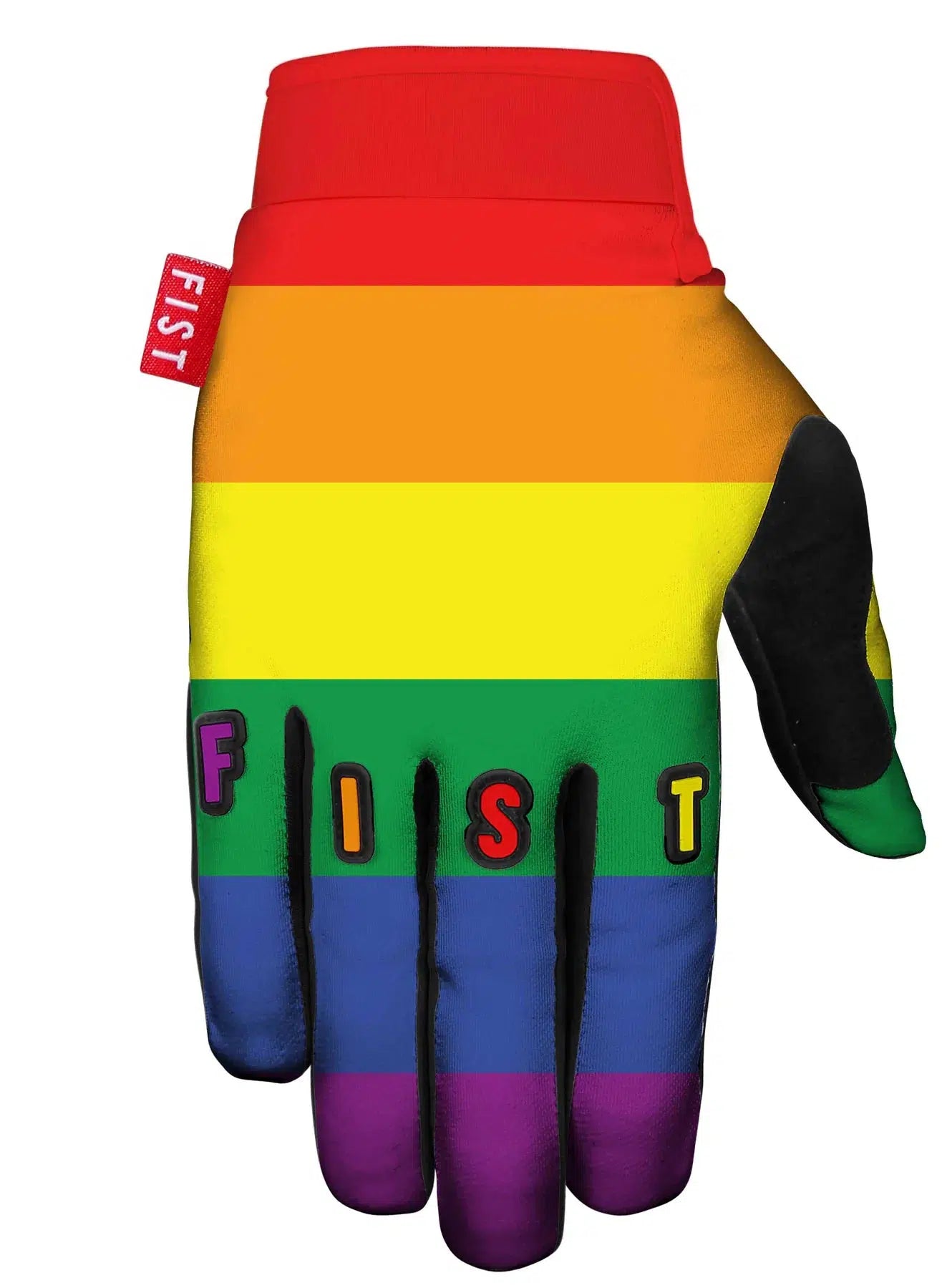 The Fist Natalya Diehm Rainbow is a lightweight glove adorned with vibrant rainbow stripes and features the word "FIST" in colorful letters on the fingers, designed for supreme comfort.