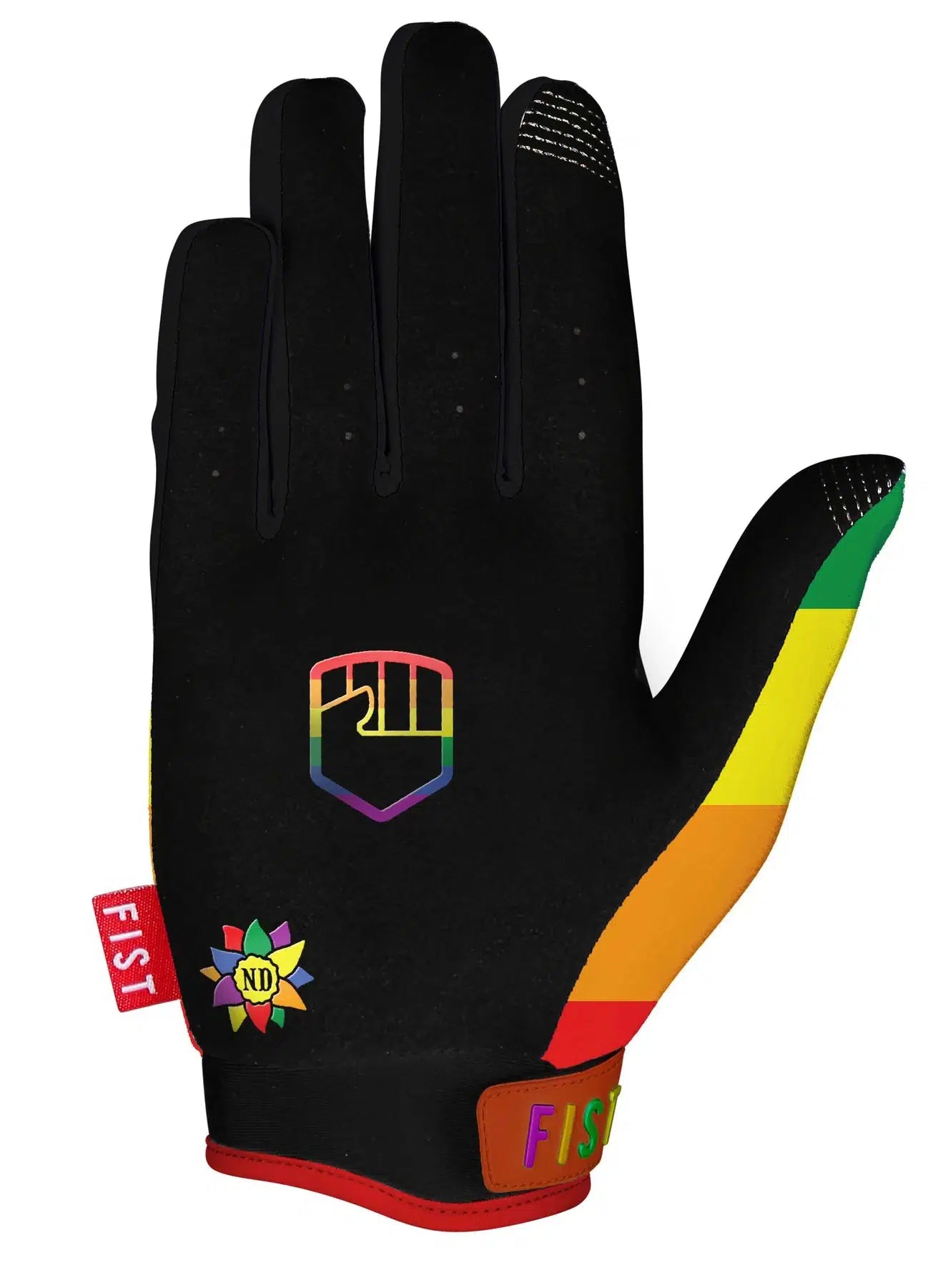 The Fist Natalya Diehm Rainbow glove features a sleek black base adorned with a fist logo, highlighted by a vibrant rainbow stripe along the edge. It also showcases an intricate flower design with "ND" at its center and includes "FIST" tags on both the wrist and side. Its lightweight construction ensures supreme comfort during maximum performance activities.