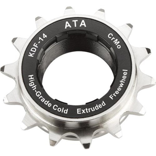 Close-up of a silver ATA Freewheel (1/2 x 1/8) made from high-grade chrome-molybdenum steel, featuring "ATA," "KDF-14," and "3 Pawls" on its black center ring.