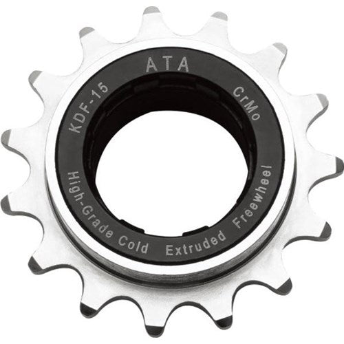 The ATA Freewheel (1/2 x 3/32) is a silver BMX freewheel with a black inner ring, labeled "ATA," "KDF-15," and "High-Grade Cold Extruded Freewheel." Made from durable chrome-molybdenum steel, it features 3 pawls for reliable performance, ideal for riders seeking durability and precision.