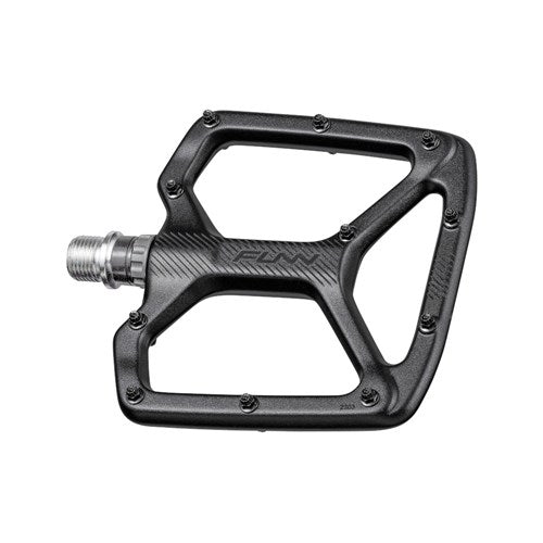 Close-up of the Funn Python V2 Alloy Pedals, featuring a textured black surface with metal studs around the edges for optimal stability and enhanced performance.