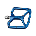 The Funn Python V2 Alloy Pedals in blue have metal studs, a logo surface, and a left-side threaded spindle. Designed for optimal stability, they ensure your ride performs at its best every time.