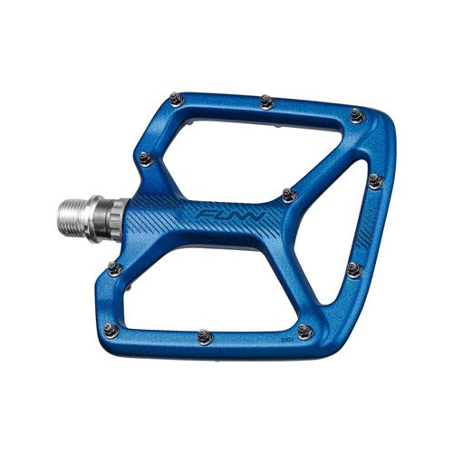 The Funn Python V2 Alloy Pedals in blue have metal studs, a logo surface, and a left-side threaded spindle. Designed for optimal stability, they ensure your ride performs at its best every time.