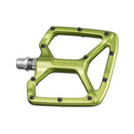 The Funn Python V2 Alloy Pedals, in green, feature metal pins and a silver spindle for enhanced grip and stability, boosting cycling performance.