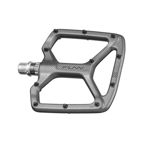 Introducing the Funn Python V2 Alloy Pedals: These metallic bicycle pedals feature a wide, open-frame design with small traction pins at the edges, ensuring superior performance and enhanced stability for every ride.