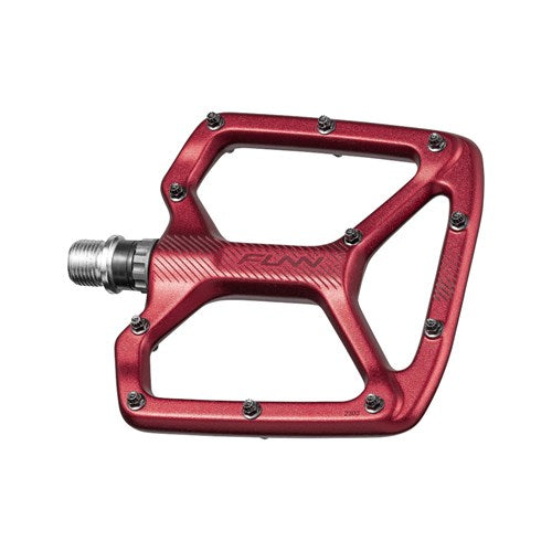 The Funn Python V2 Alloy Pedals in red boast a metal spindle and multiple screw pins to enhance stability and performance.