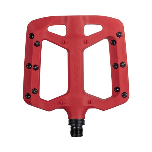 The Funn Taipan Pedals feature a red flat design with multiple grip pins for excellent traction and a black spindle for superior durability.