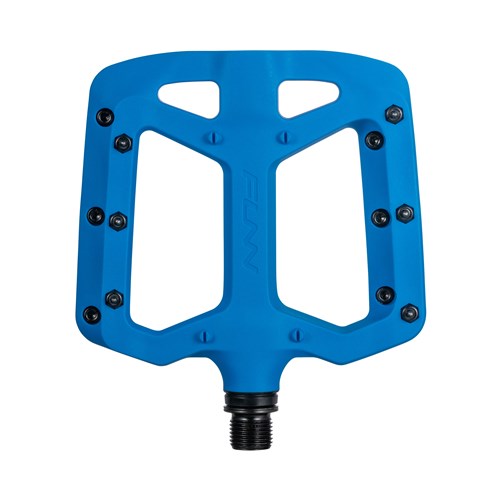 Introducing the Funn Taipan Pedals—blue bicycle pedals with a rectangular platform design and black pins, offering outstanding traction and durability.