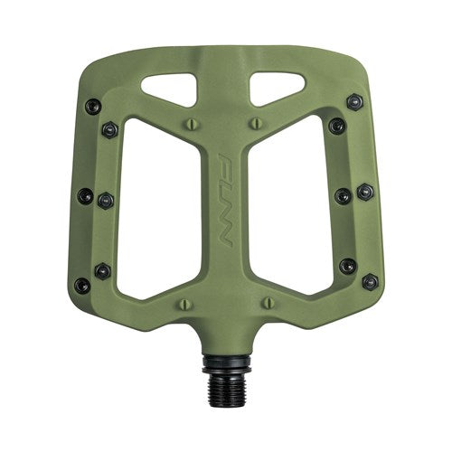 The Funn Taipan Pedals boast an olive green finish with a flat, rectangular shape and multiple grip pins for enhanced traction and durability.