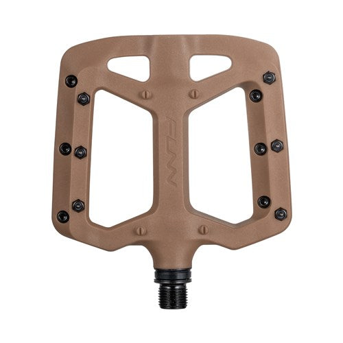 The Funn Taipan Pedals have a flat platform design with multiple grip pins for traction, a black threaded axle, and the brand name "FUNN" molded on their durable brown body.