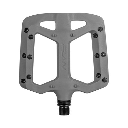 The Funn Taipan Pedals are exceptionally durable, featuring a flat gray design with multiple pins for superior traction. They have a threaded attachment to ensure a secure connection to the bike crank.