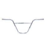 The Demolition Fast & Loose Bar is a silver BMX bike handlebar featuring a horizontal crossbar at the bottom center. Crafted from durable chromoly and designed specifically for freestyle riding, it also comes with a lifetime guarantee.