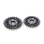 Two black "Demolition Fast and Loose" Limited Edition sprockets, featuring multiple teeth and holes, adorned with a small graphic of a skull with wings.