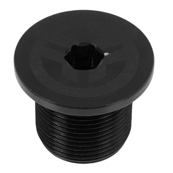 The Federal Fork Top Cap is a black, threaded hex socket cap screw featuring a flat top surface and a recessed hexagonal drive—ideal for securing BMX forks or serving as a replacement fork top cap from Federal Bikes.