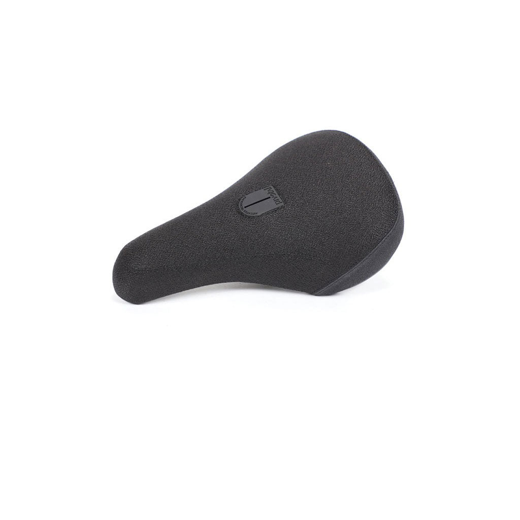 The Fiend Process Pivotal Seat is a black bicycle seat with thick foam padding, a textured surface, and a small logo embossed in the center.