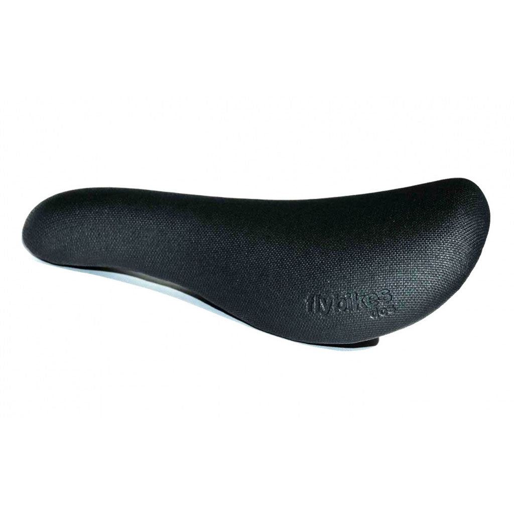 A black, lightweight slim style seat with a textured surface, showcasing "flybike" and embossed Fly logos on the side, perfectly crafted for the Fly Bikes Dos PC Tripod Seat.