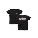 The Fly Bikes Faster T-Shirt collection includes two black, organic cotton tees: one with a small front logo and another with a large "Fcybikes" graphic on the back. This stylish and eco-friendly apparel is a sustainable choice.