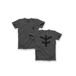 Two gray "Fly Bikes Logo Tee" shirts made from organic cotton feature a black abstract tree-like symbol. They have a small chest emblem on the front and a large back design. GOTS certified and adhering to Fair Wear Foundation standards, these tees ensure high quality and ethical production.