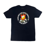 The S & M Fuel The Fire T-Shirt is a black tee made from combed ring-spun cotton, featuring a circular logo with a campfire graphic and the text "Fueling the Fire Since '87 S&M Bikes.