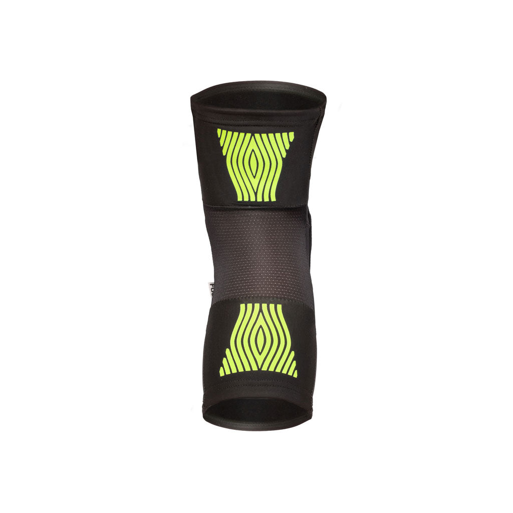 A black and neon green knee brace with a pattern of horizontal lines, equipped with Fuse Omega Knee Pads for ultimate protection.