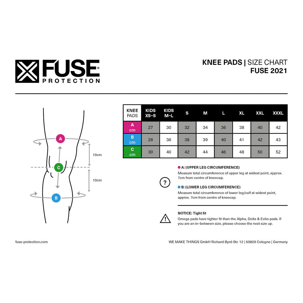 A size chart for the Fuse Omega Knee Pads, featuring measurements for upper and lower leg circumferences and leg length across sizes from Kids XS-S to Adult XXL.