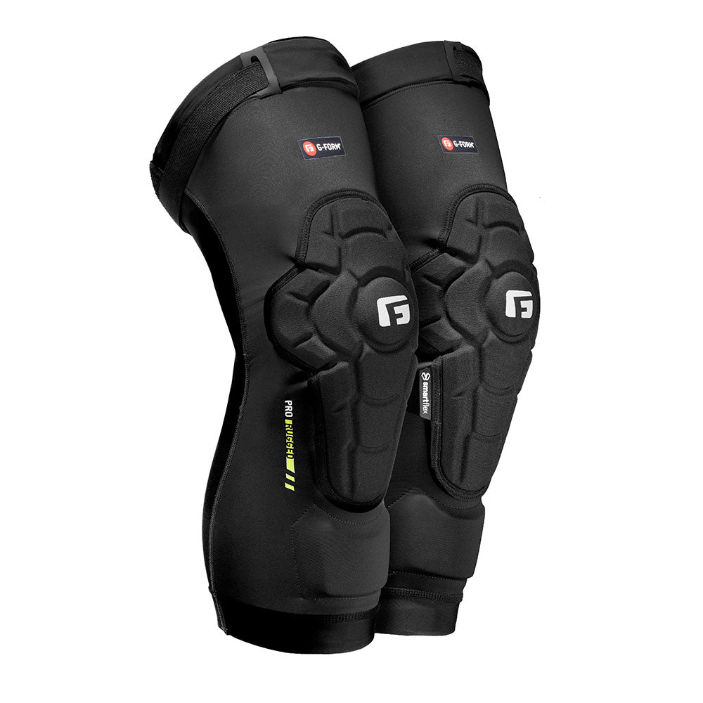 The G-Form Pro-Rugged 2 Knee Pads (Pair) in black are expertly designed for sports and impact protection during enduro riding, featuring SmartFlex padding and branding on the front.