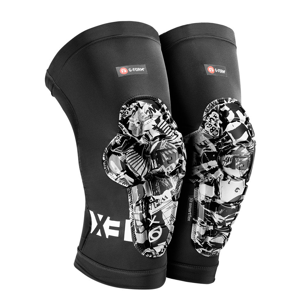 G-Form Pro-X3 Knee Guards (Pair) in black feature graphic designs with impact-absorbing pads and a red logo.