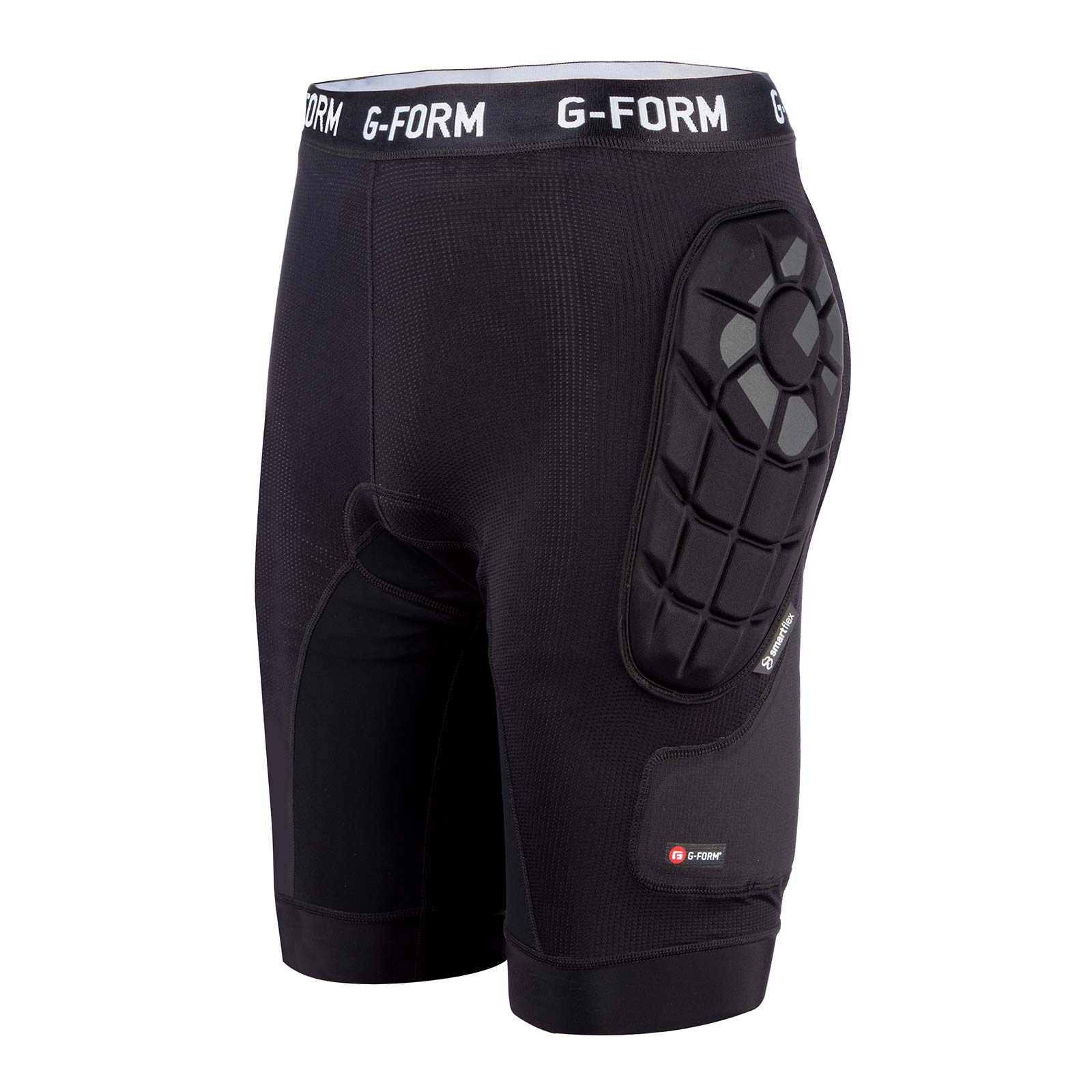 The G-Form MX Impact Shorts are black padded compression shorts incorporating SmartFlex technology for enhanced hip protection, with a protective panel on one side and a waistband logo reading "G-FORM.