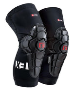 G-Form Pro-X3 Knee Guards (Pair) come with hard protective shells and prominently display a red logo branding. They are enhanced with SmartFlex protection and crafted from moisture-wicking fabric to ensure added comfort.