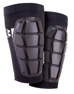 A pair of G-Form Pro-X3 Shin Guards in black, utilizing SmartFlex™ technology with hexagonal protective padding on the front, providing excellent impact protection.