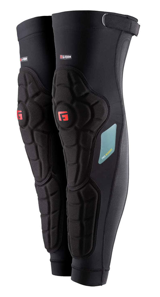 Black G-Form Youth Pro-Rugged Knee-Shin combos with impact-absorbing pads, padding, and adjustable straps, designed for protective sports use.