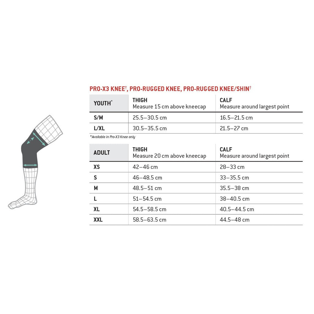 Size chart for the G-Form Pro-Rugged Knee/Shin Combo Guards (Pair) featuring SmartFlex pads. Includes youth and adult sizes with thigh and calf measurements in centimeters, accompanied by a knee brace illustration.