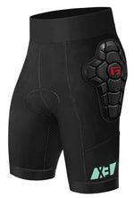 The G-Form Women's Pro-X3 Bike Short Liner is black with a hard shell on the hip, red logo, and teal accents near the hem. It's crafted from UPF 50+ compression fabric and SmartFlex pads for excellent protection and style.