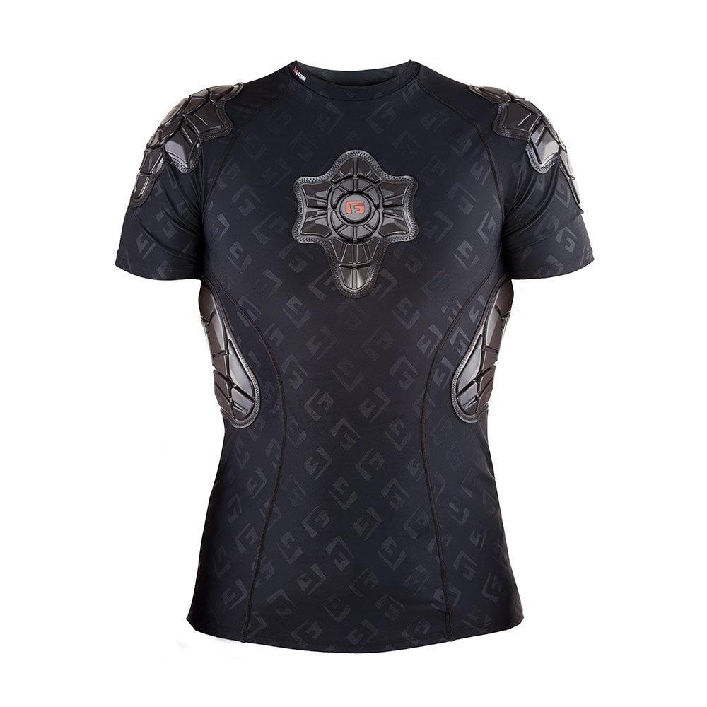 The G-Form Pro X Youth SS Shirt is a black short-sleeve shirt with armor-style designs on the shoulders and chest, featuring a central logo. It includes SmartFlex™ for protection, blending style and functionality for those needing impact-absorbing pads.