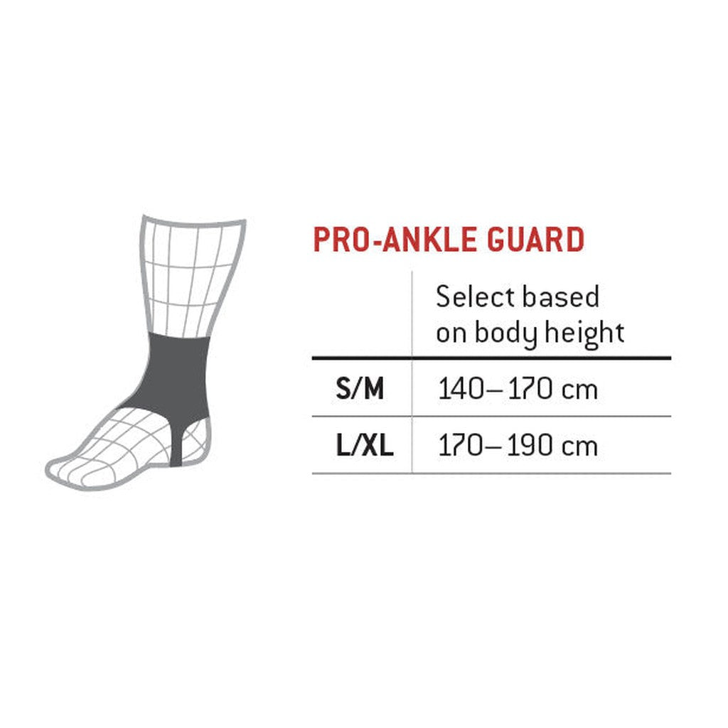 Depiction of the G-Form Pro-X Ankle Guards featuring SmartFlex™ pads for exceptional impact protection. Size guidance: S/M fits individuals between 140 and 170 cm, while L/XL is suitable for those ranging from 170 to 190 cm.