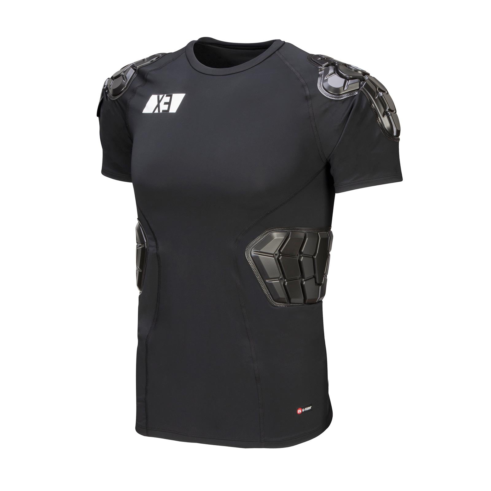 The G-Form Youth Pro-X3 Shirt is a black protective sports shirt with SmartFlex padding on shoulders and sides, featuring a white logo on the chest, ideal for contact sports.