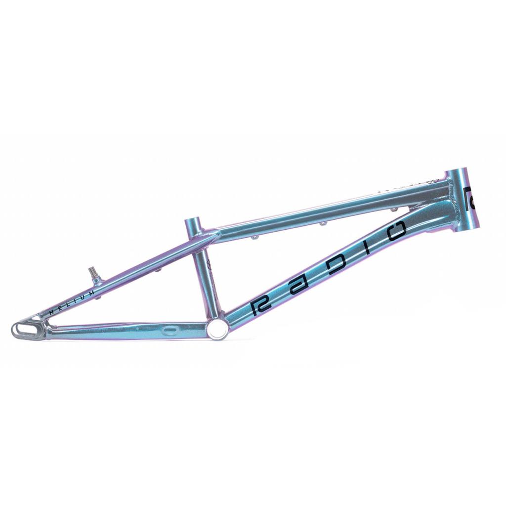 The Radio Raceline Helium 2025 Pro XXL Frame is a metallic blue marvel with hydroformed 6061 alloy tubing. "Radio" stands out on its glossy surface. Designed without wheels or handlebars, it features the Sliding Dropout Disc System for peak performance and versatility.