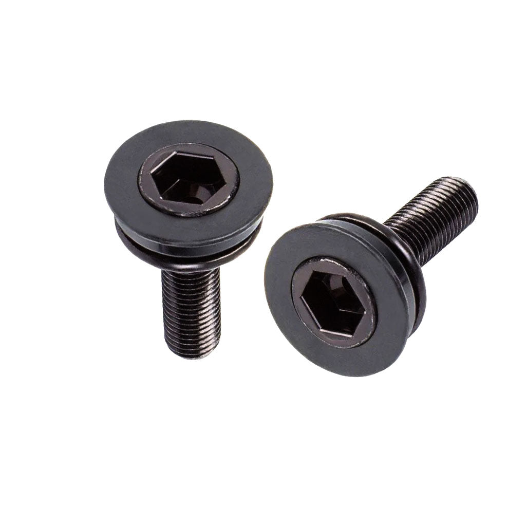 Two Generic Crank compression bolts (m8 x 1.0) are placed on a white background. They feature recessed heads with washers and threads along the shafts, fitting perfectly for use with 8 spline cranks.