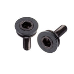 Two Crank compression bolts (m8 x 1.0), black with hex socket caps and integrated washers, compatible with 19mm spindles, stand upright on a white background for secure attachment.