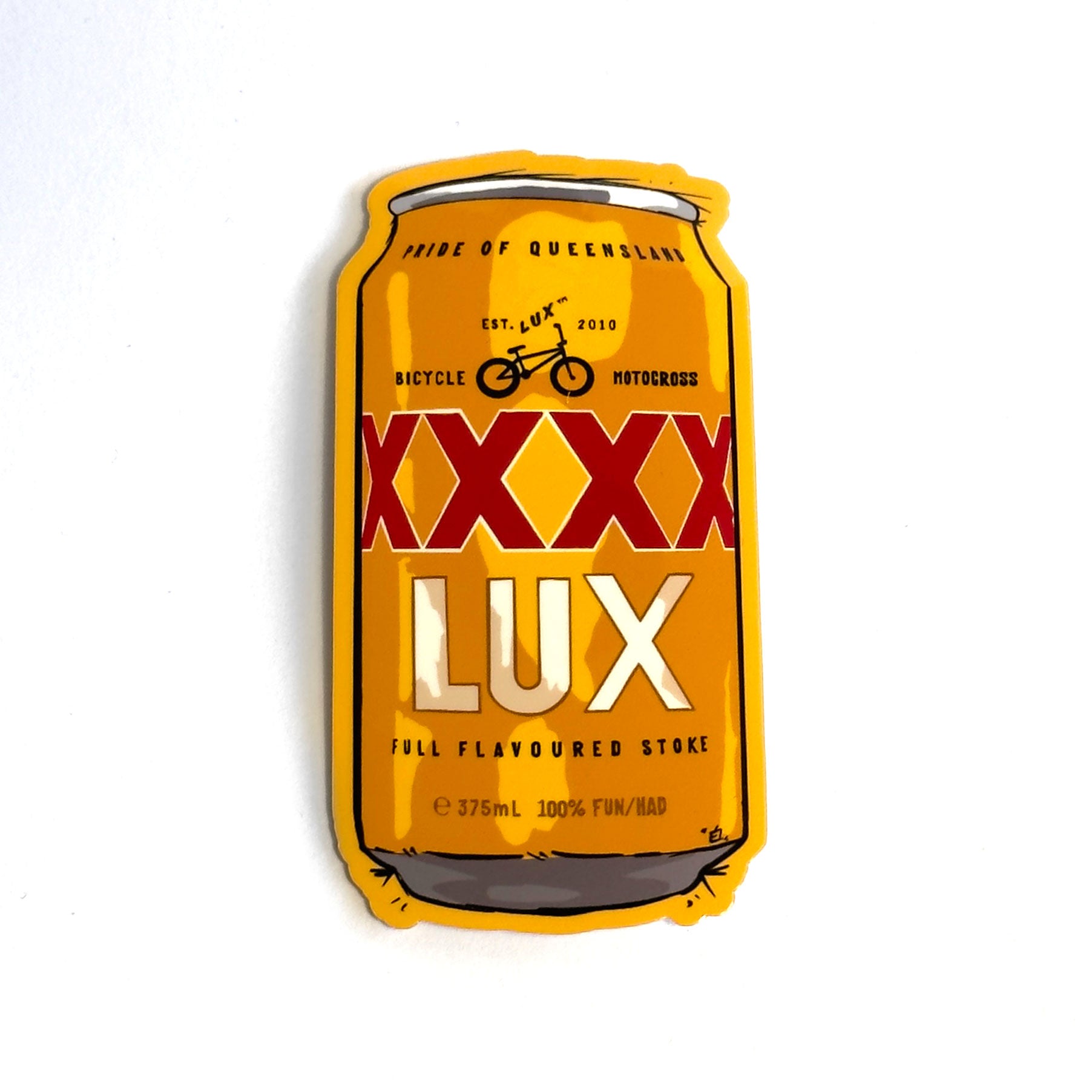 A yellow and red pin shaped like a soda can, labeled "XXXX LUX Full Flavoured Stoke," features a bike with the words "Bicycle Motocross" and "Pride of Queensland." It comes with the durable LUXBMX Gold Sticker made from waterproof vinyl, making it an ideal choice for BMX enthusiasts like Sean Gardner.