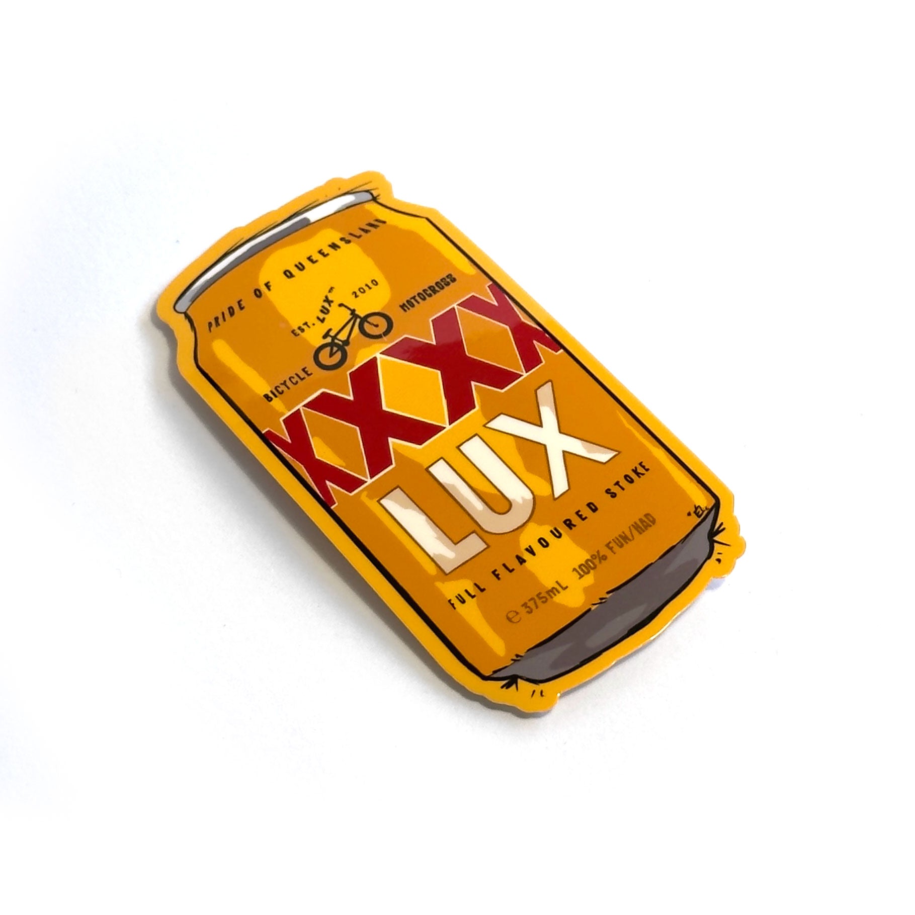 Illustration of a yellow beverage can labeled "XXXX Lux" adorned with bicycle graphics in Sean Gardner’s signature style. Titled "Pride of Queenscliff" and "November," it is set against a white background, emulating the chic design of a LUXBMX Gold Sticker for extra elegance.