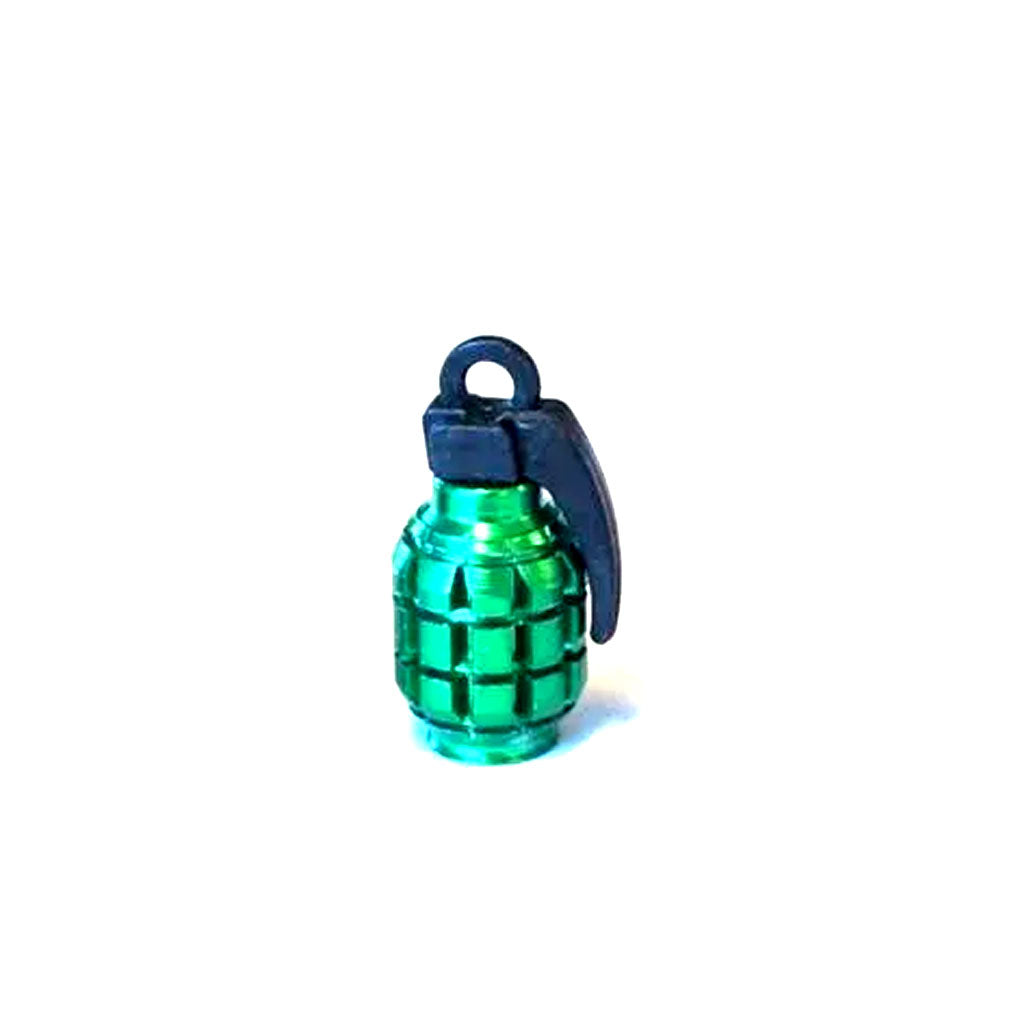 Introducing the Grenade Valve Cap (Individual) in small, green grenade shape with a black top and loop for attachment, perfect as an edgy accessory for your vehicle.