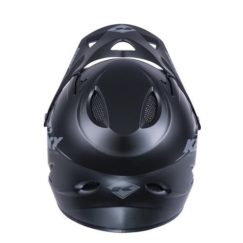 Front view of the Australian certified Kenny Racing Downhill Helmet in solid matte black, featuring ventilation openings and a visor.