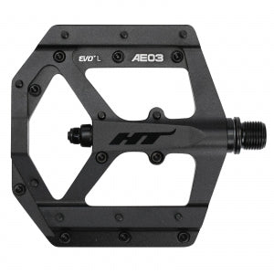 Black HT AE03 bicycle pedal with a sleek CNC aluminum frame, featuring a flat, open design, multiple hex bolts, and replaceable SAP pins for enhanced grip and durability.