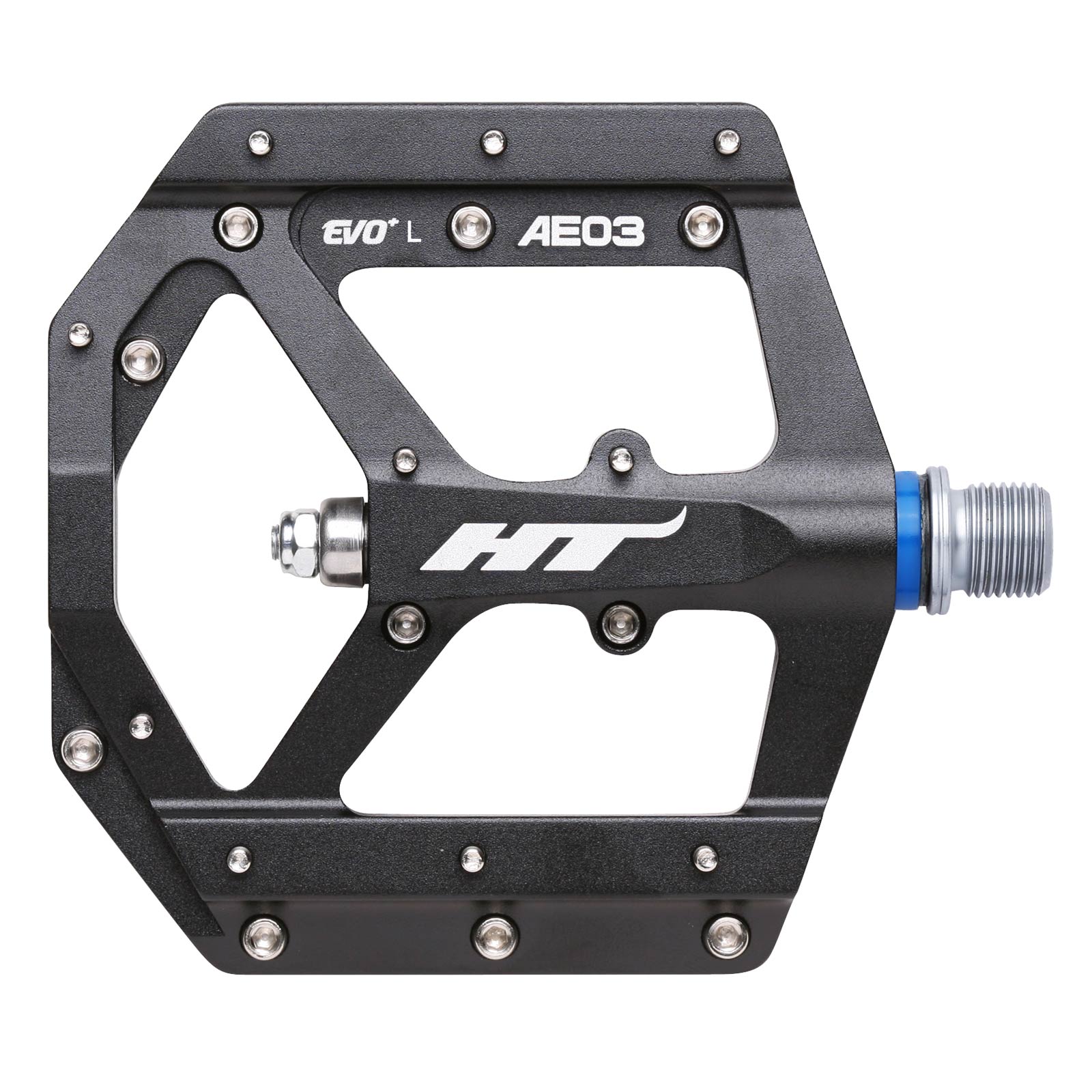 The HT AE03 Pedals are crafted from CNC aluminum featuring the logos "EVO L AE03” and “HT." They boast a sleek black design with replaceable pins and have a striking blue axle.