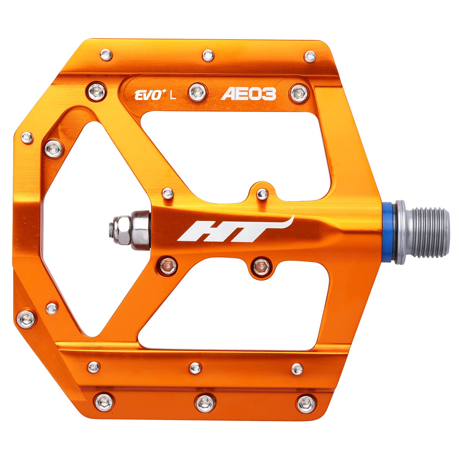 The HT AE03 Pedals are sleek orange, flat bicycle pedals crafted from CNC aluminum, labeled "EVO+ L." They feature replaceable metal pins, a silver axle, and have the HT logo.