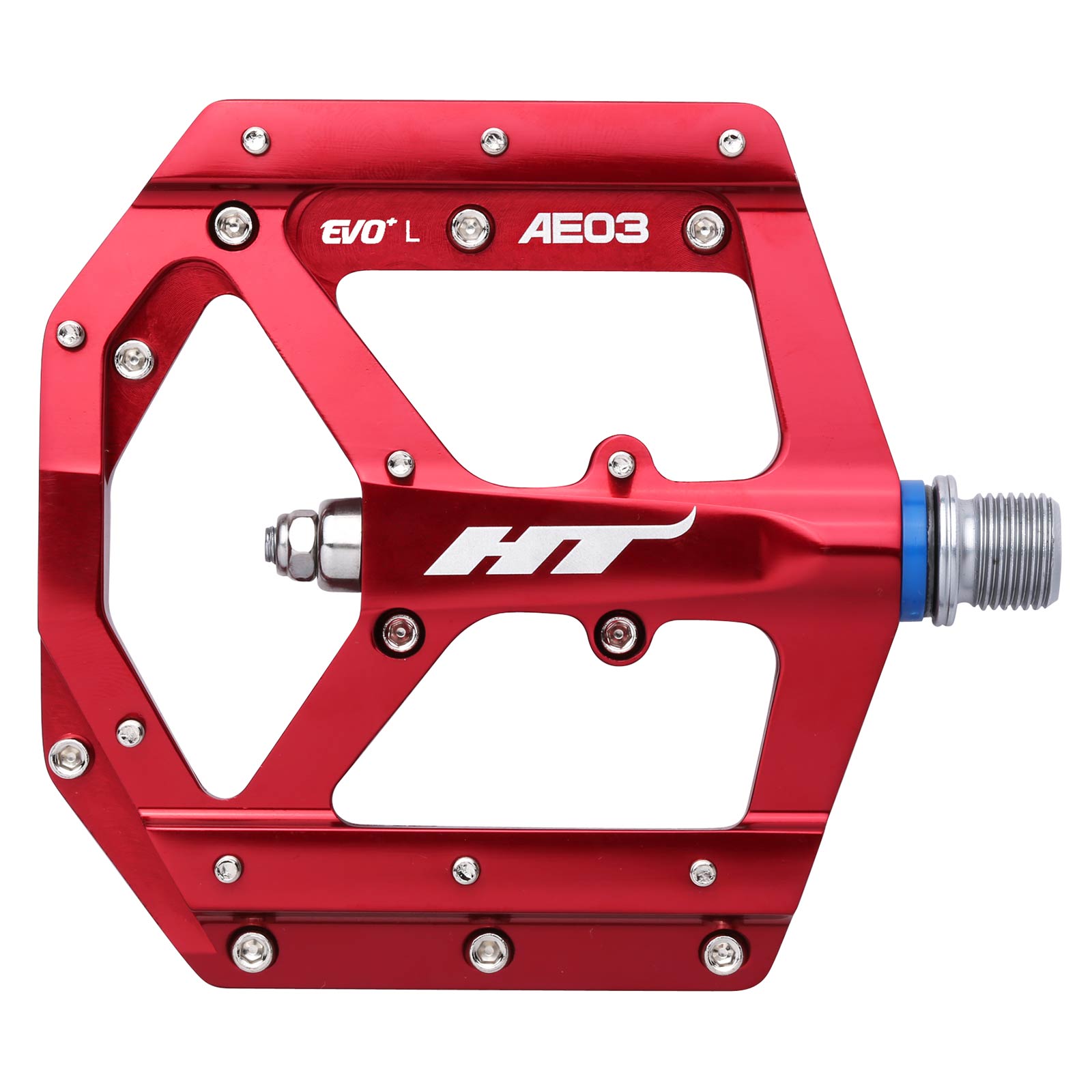 The HT AE03 Pedals are sleek red with a metallic finish, labeled "EVO+ L" and "AE03." Featuring blue accents and multiple screws for grip, they're crafted from CNC aluminum and include replaceable SAP pins for enhanced durability.