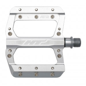 The HT AE12 Pedals have a flat CNC aluminum platform with multiple grip pins and a sturdy axle for secure attachment.