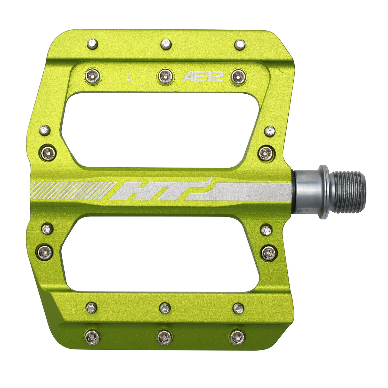 The HT AE12 Pedals are green, crafted from CNC aluminum, feature metal studs, "HT" branding, and showcase the advanced EVO+ system.